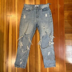 JBD size 4 light wash straight leg jeans with rips.